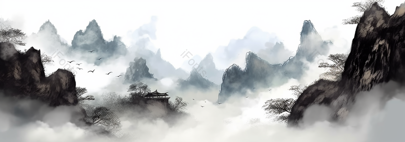 飞鸟亭子云山笼罩中国风水墨画背景,插画/手绘图,插画/手绘图库,插画/手绘图下载,插画/手绘